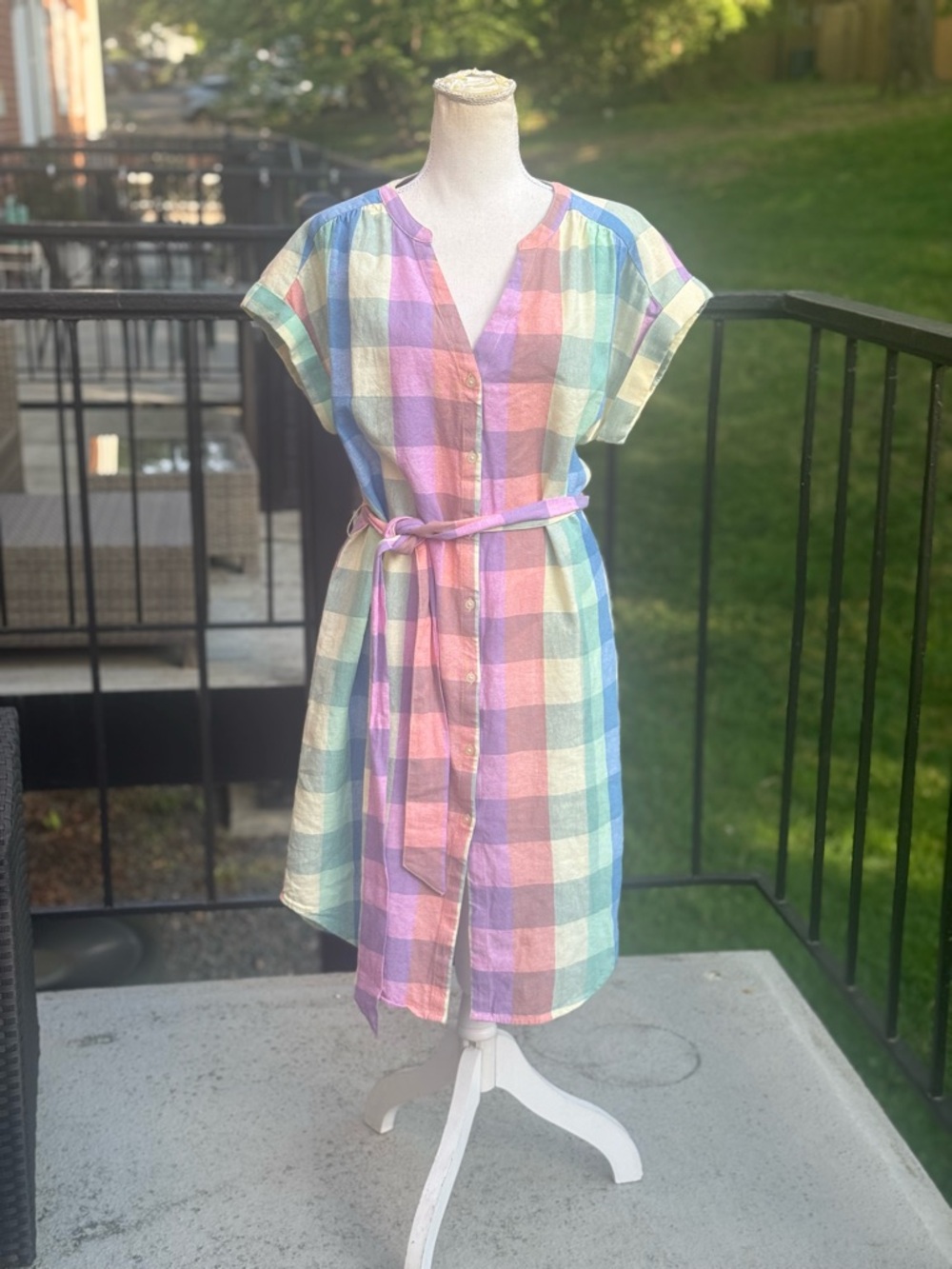 GAP Pastel Plaid Linen Blend Dress in Mint, Pink & Blue Size Medium